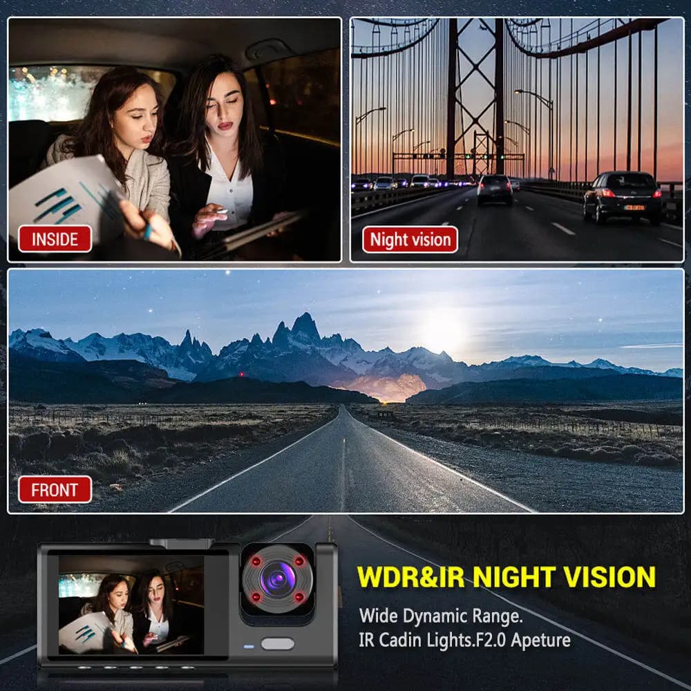 Dash Cam W/ IR Night Vision Loop Recording & 2" IPS Screen 1080P 3 Camera ， DVR recorder, video recorder, Vehicle DVR - 4