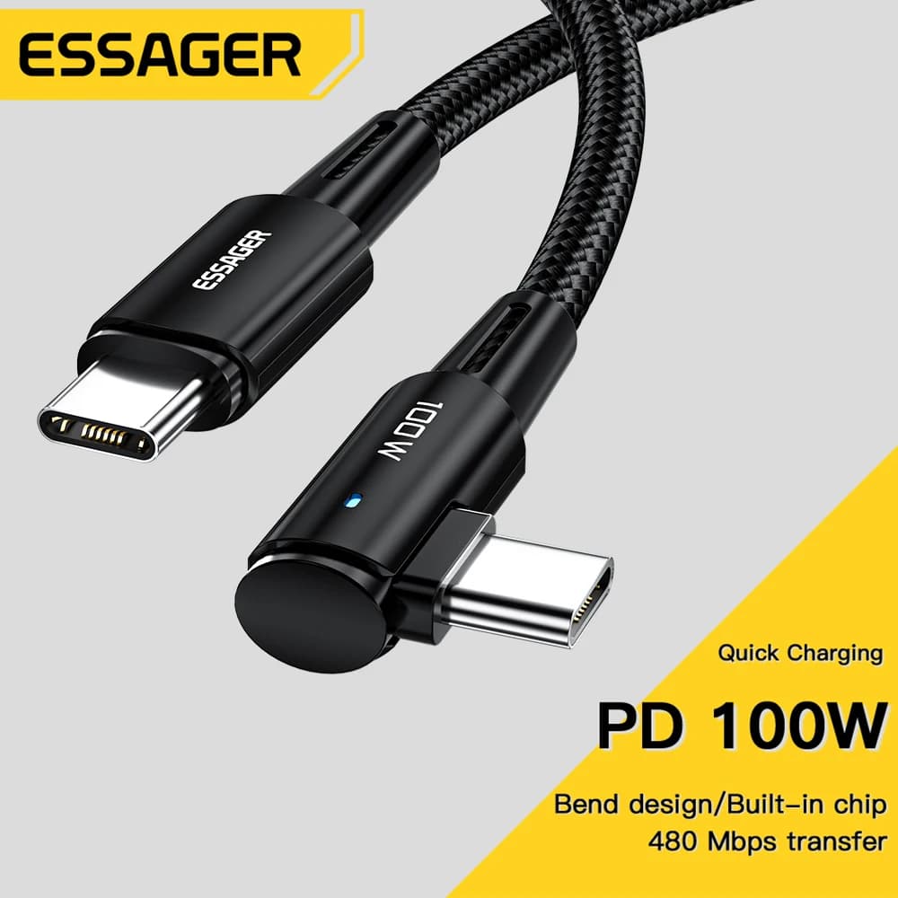 كابل Essager طويل 3m 100W USB Type C إلى USB C زاوية 90 درجة لآيباد ماك بوك برو شاومي سامسونج هواوي كابل Type-C سريع
