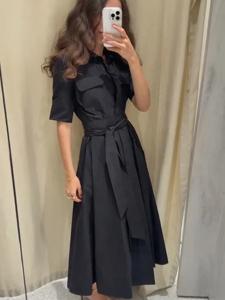 فستان ميدي بأكمام قصيرة، طية صدر السترة، تصميم أنيق، خصر ضيق، فستان طويل للحفلات والمساء