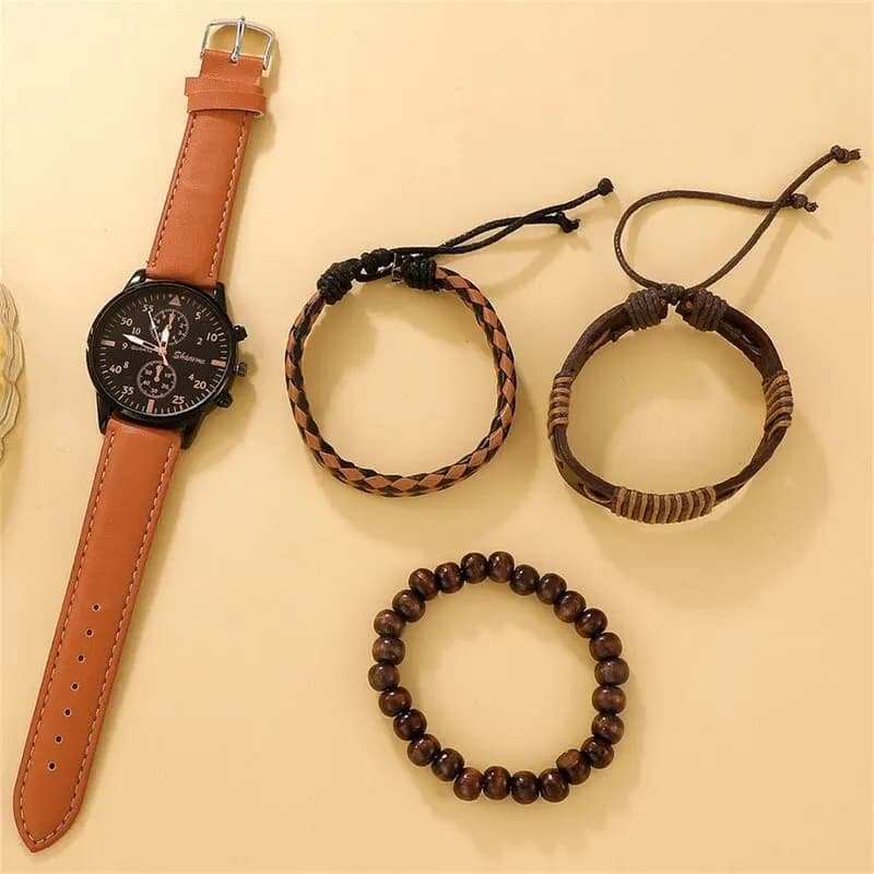 New Men Watch Luxury Bracelet Set Fashion Business Brown Leather Quartz Wrist Watches for Men Gift Set Relogio Masculino - 3