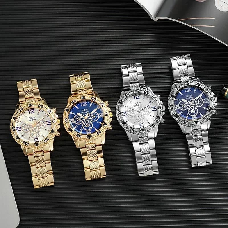 Luxury Men's Quartz Watch Classic Business Men Wristwatch Large Dial Alloy Steel Strip Blue Light Three Eye Men's Quartz Watch - 3
