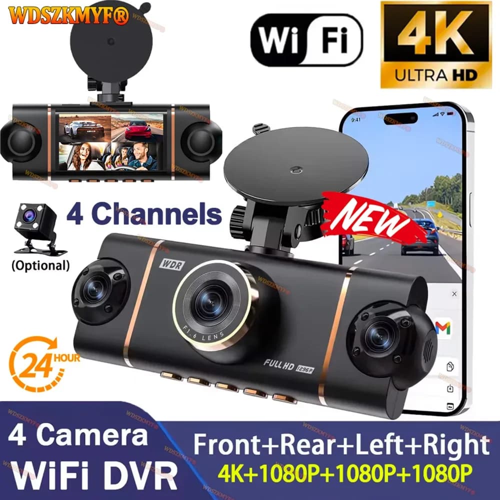 جديد كاميرا سيارة 4CH DVR بدقة UHD 4K و1080P مع واي فاي وتطبيق تسجيل فيديو 360 درجة مع رؤية أمامية وخلفية ليلية وصندوق أسود 4K