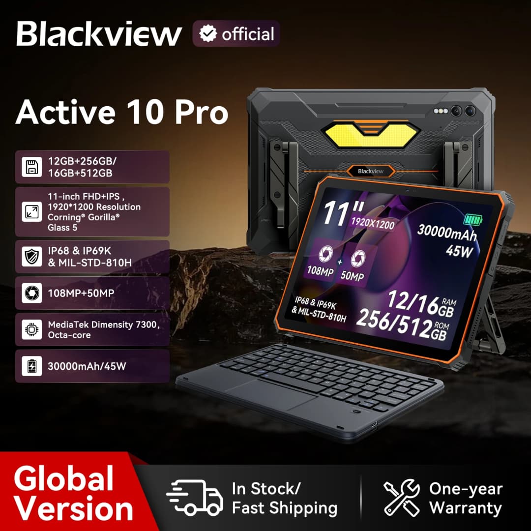 العرض العالمي الأول: جهاز بلاك فيو أكتيف 10 برو 5G اللوحي المتين، معالج MTK 7300، شاشة 11 بوصة FHD+، ذاكرة 12 جيجابايت و256 جيجابايت/512 جيجابايت، بطارية 30000 مللي أمبير، كاميرا 108 ميجابكسل مع ذكاء اصطناعي