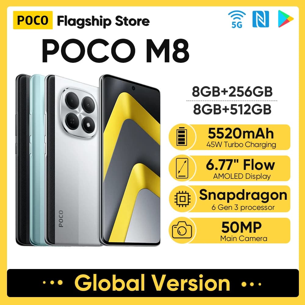 New POCO M8 Global Version 5G Smartphone Snapdragon 6 Gen 3 6.77" Flow AMOLED Display 50MP Camera 5520mAh 45W Turbo Charging