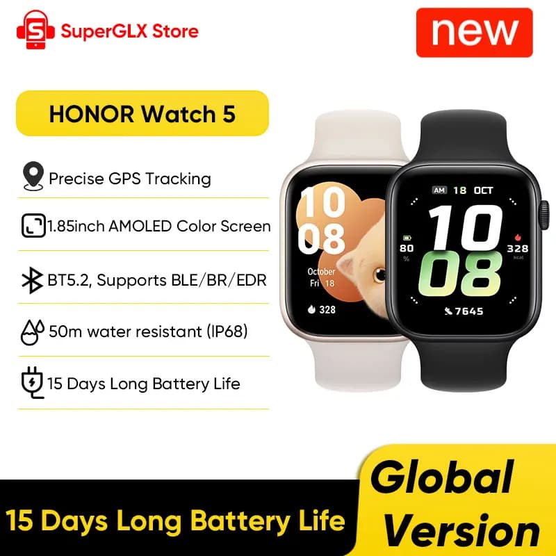 ساعة ذكية HONOR Watch 5 الأصلية 100% إصدار عالمي بشاشة AMOLED مقاس 1.85 بوصة ونظام تحديد المواقع HONOR North Star وبطارية 480 مللي أمبير ومقاومة للماء حتى 50 مترًا (5ATM) وIP68