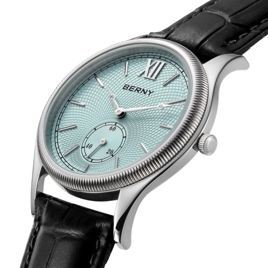 BERNY Watches for Men Luxury Classic Stylish Dress Quartz Watch Ultra-Thin Stainless Steel Case Elegance Leather Band Wristwatch