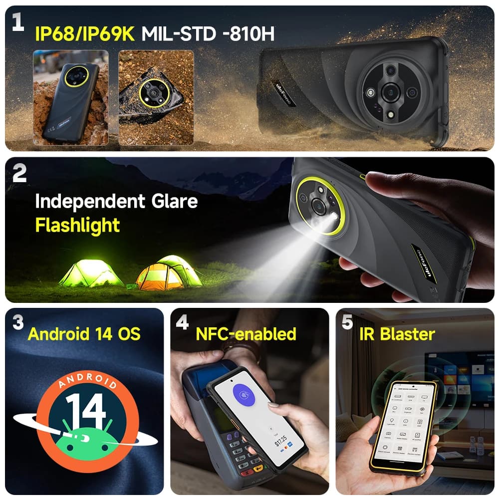 هاتف Ulefone Armor X31 Pro 5G متين بنظام Android 14 هاتف ذكي 6.56 بوصة 16 جيجابايت + 256 جيجابايت كاميرا ليلية 25 ميجابكسل 64 ميجابكسل 6050 مللي أمبير في الساعة NFC 120 هرتز IR - 5