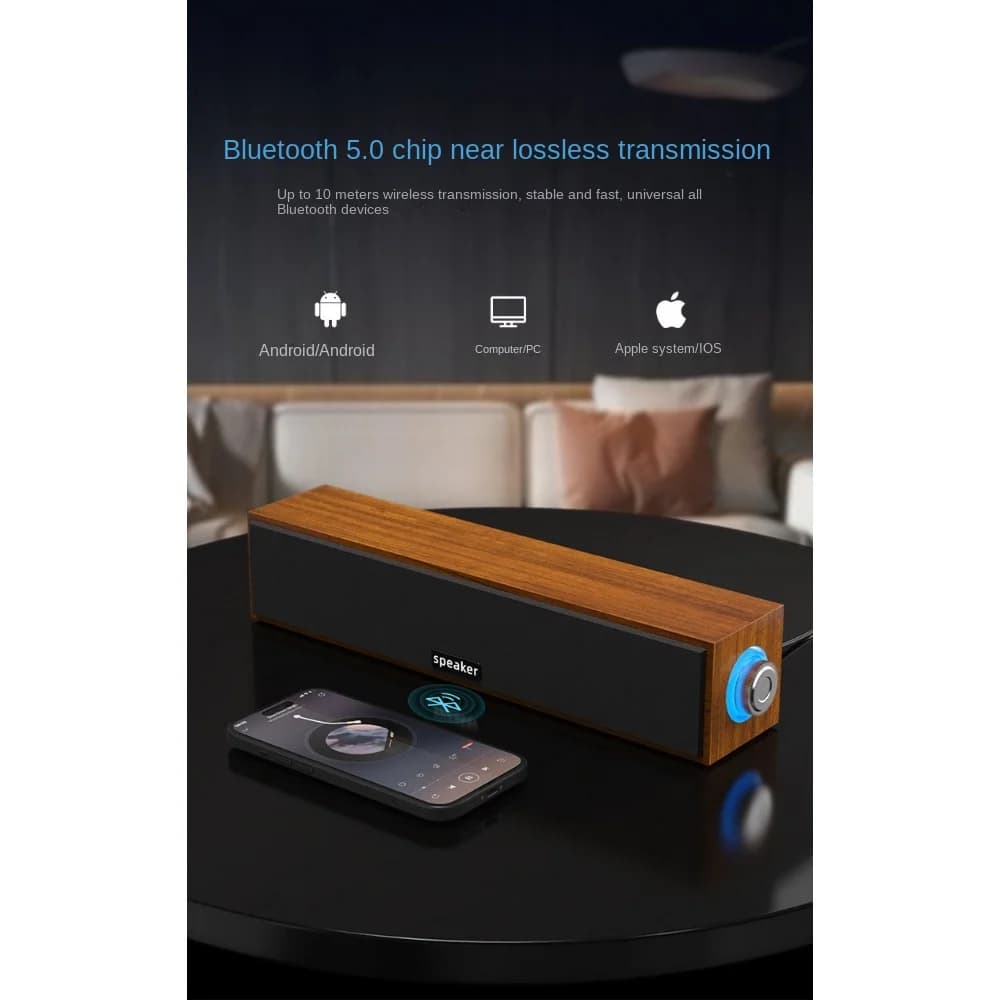 New Long Strip USB Wired Bluetooth Dual Speakers Wooden Small Speaker Computer Notebook Sound Bar Desktop Heavy Bass - 6