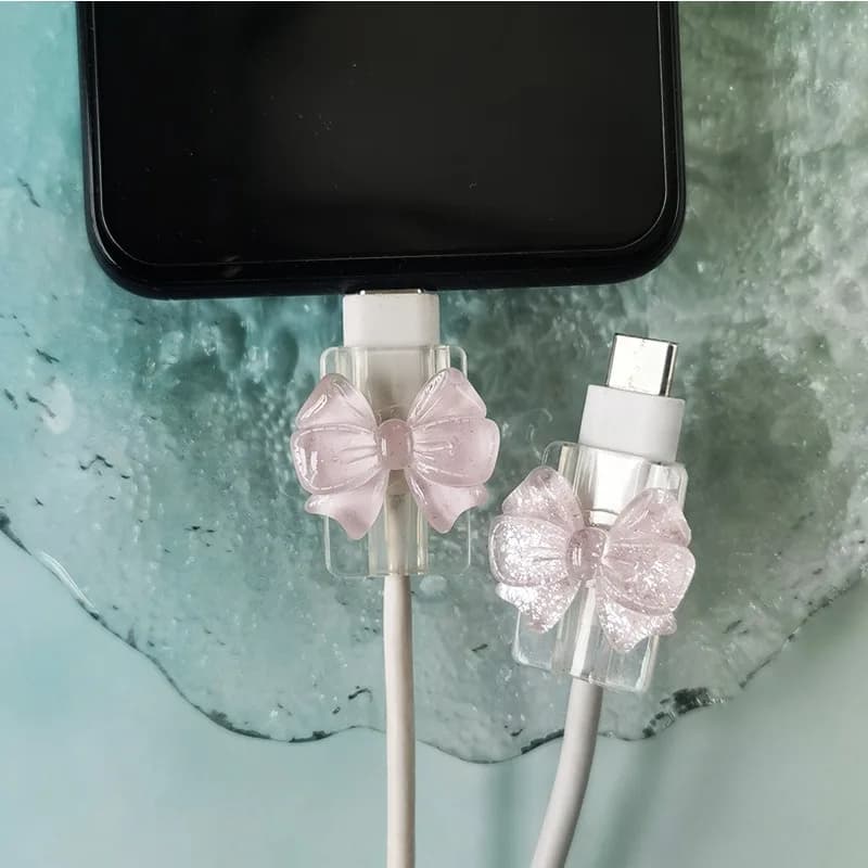 2Pcs Lovely Pink Bow Silicone Charger Cable Protector Sleeve Cable Holder Clip Anti-break Transparent Cord Cover Wrap - 3
