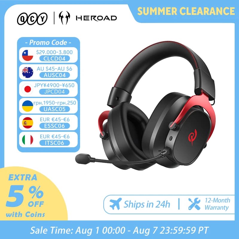 سماعات الألعاب QCY Heroad VT200 H8GM ثلاثية الوضع فوق الأذن 7.1 محيطي 53 ملم درايفر BT6.0 ميكروفون قابل للفصل للكمبيوتر/PS5/Switch