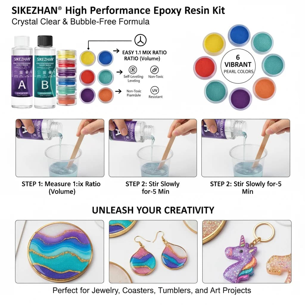 طقم راتنج إيبوكسي شفاف كالكريستال مع 6 ألوان من مسحوق الميكا، غراء AB خالٍ من الفقاعات لصناعة المجوهرات، فن الأظافر، الصابون والحرف اليدوية - 6