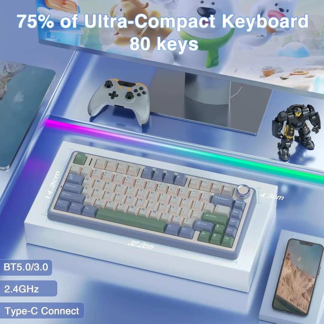 AULA F75 75% Wireless Mechanical Keyboard Hot Swappable Creamy Keyboard Pre-lubed Reaper Switches RGB Backlit Gaming Keyboards
