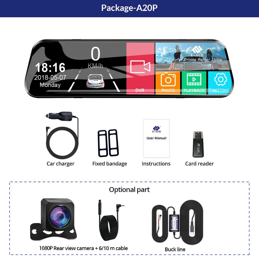 كاميرا سيارة A20P بشاشة 10 بوصة، 1080P، رؤية ليلية، تعمل باللمس، مع مرآة رؤية خلفية اختيارية، وتسجيل حلقي - 6