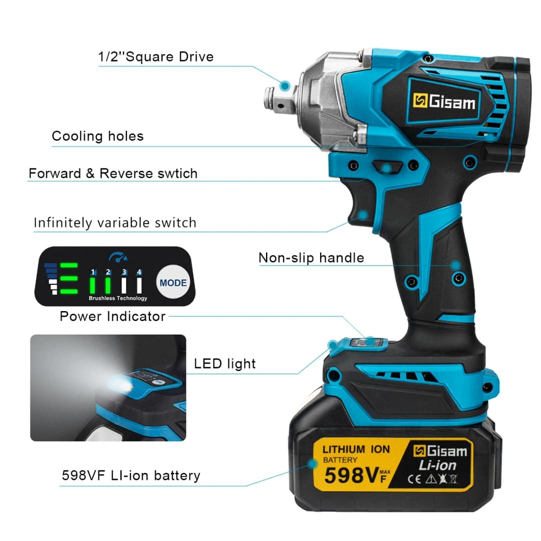Gisam 1200N.M Torque Brushless Electric Impact Wrench 1/2 inch Cordless Wrench Screwdriver Power Tool For Makita 18V Battery Pin - 6