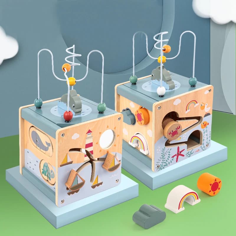 مكعب الأنشطة الخشبي 5 في 1 للأطفال الرضع، مرتب أشكال الحيوانات ومتاهة الخرز، ألعاب مونتيسوري التعليمية للأطفال من 6 إلى 12 شهرًا