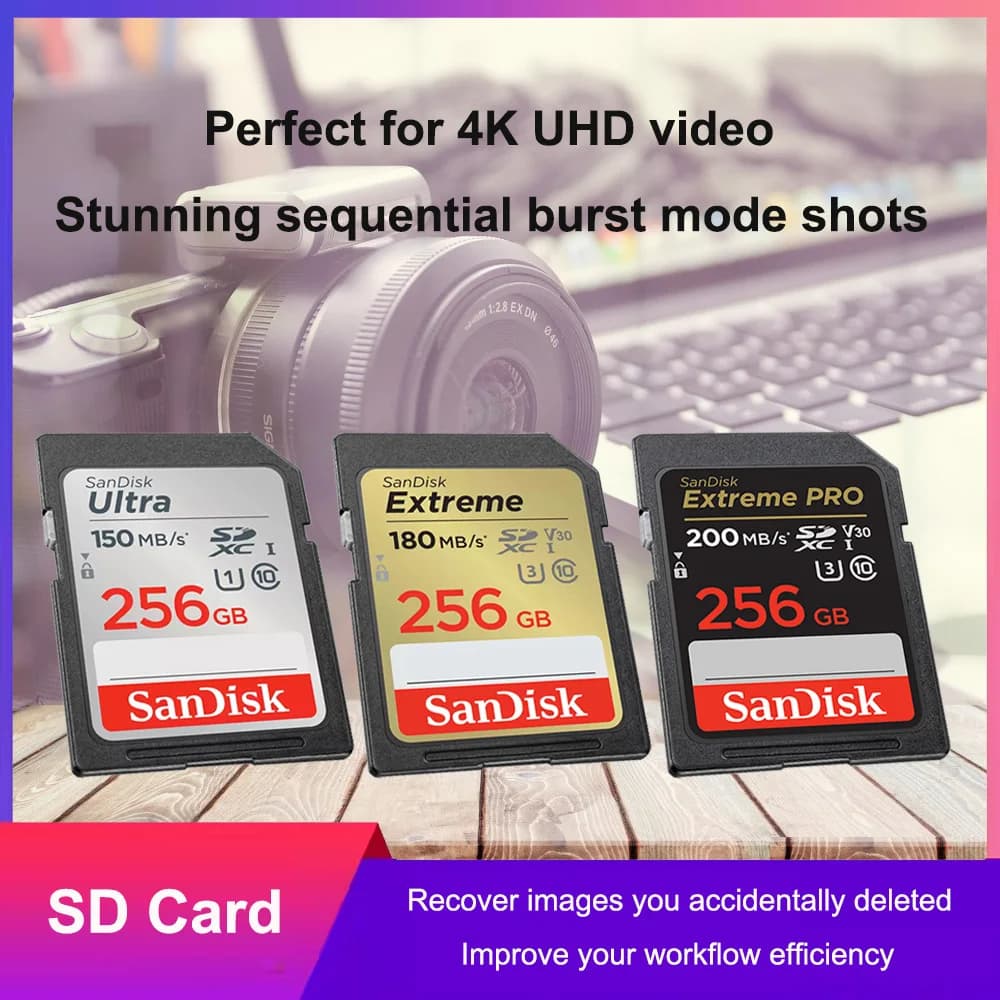 SanDisk SD Card 32GB SDHC 64GB 128GB 256G SDXC SD Card C10 Memory Cards Up to 200MB/s Read U3 V30 Flash Cards 4K UHD for Camera