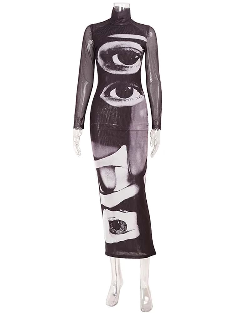 Ahagaga Fashion Women's Maxi Dresses Printed Turtleneck Regular Long Sleeves Sheath Slim Fit Eyes Causal Streetwear Vestidos - 6