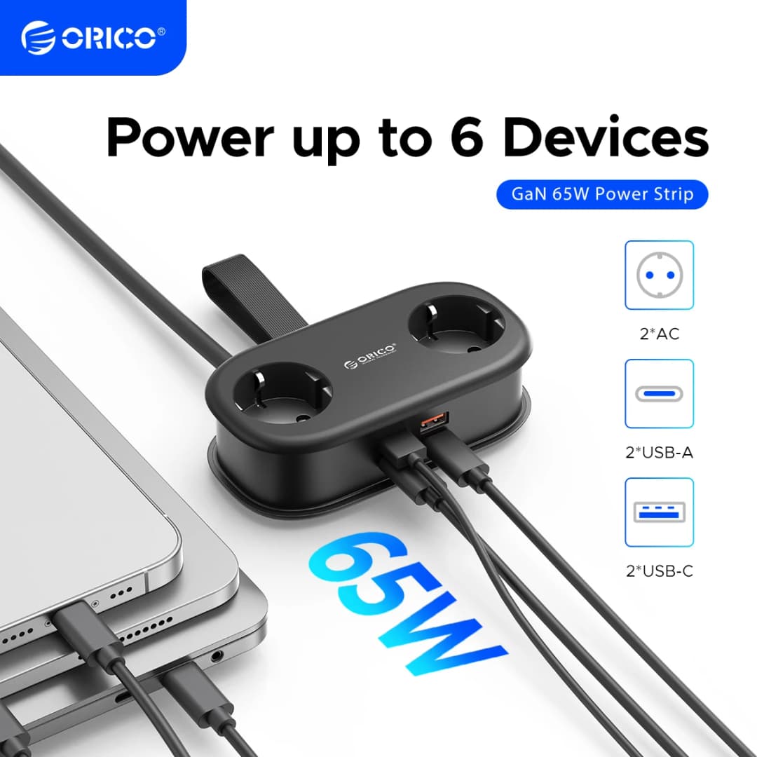 ORICO EU Plug GaN 65W Electrical Power Strip  2 AC Outlets 2 USB Port 1 Type C Socket Extension Cord Fast Charging Travel