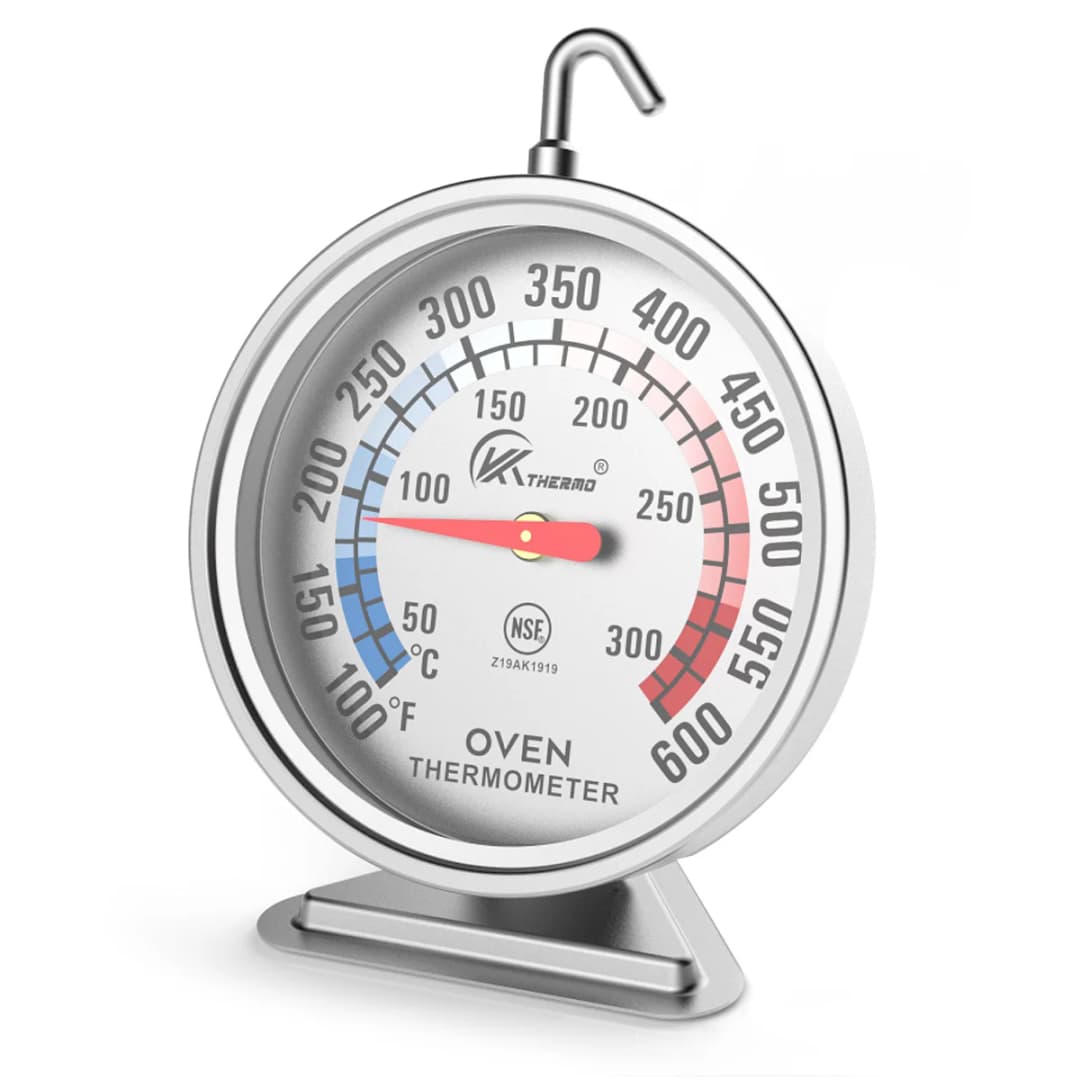 مقياس حرارة فرن من الفولاذ المقاوم للصدأ 50-300°C مع قرص كبير وخطاف - للخبز، الشواء، الدجاج المشوي، الكيك، البيتزا