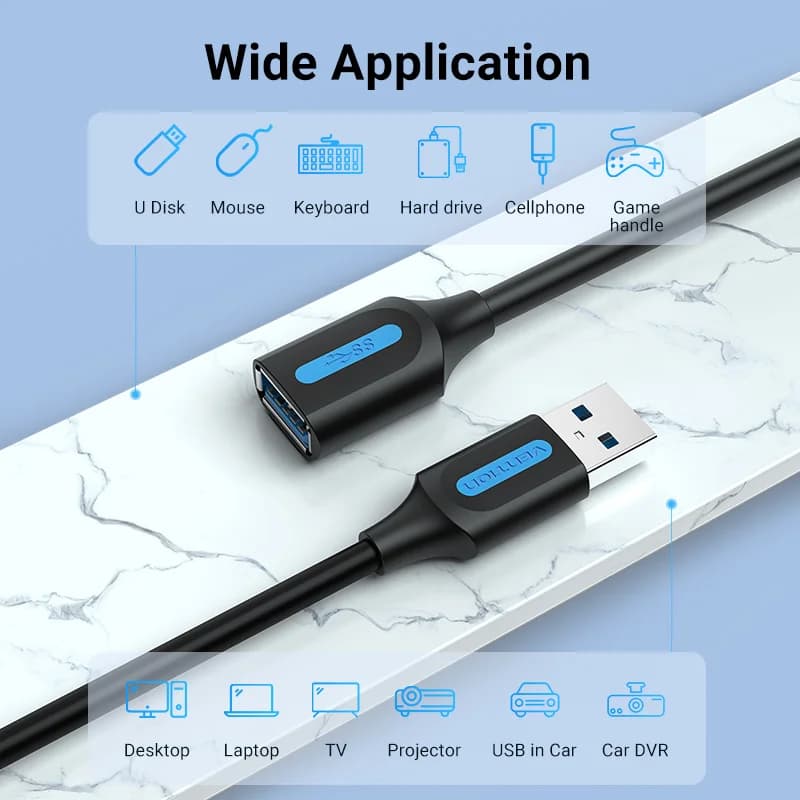 كابل تمديد Vention USB 3.0 ذكر إلى أنثى، عالي السرعة، متوافق مع USB 2.0، لأجهزة الكمبيوتر المحمولة - 4