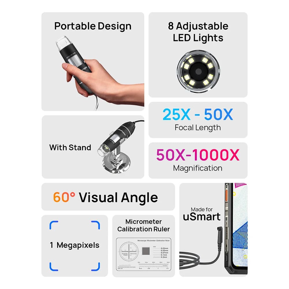 Ulefone 1000X Digital Microscope Camera 8 Adjustable LED Lights For Power Armor 18T , Power Armor 19，Power Armor 13，Armor 16 Pro - 2