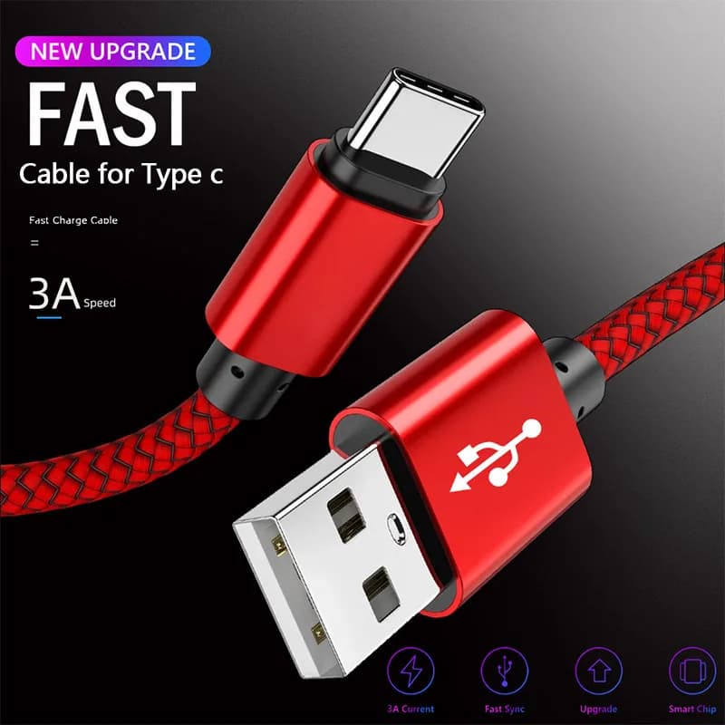 USB A إلى نوع C 2.4A كابل شحن كابل بيانات النايلون لسامسونج هواوي أندرويد الهاتف مضفر TypeC جهاز شحن 1 متر 2 متر 3 متر