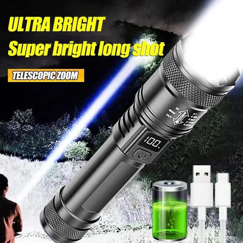 High Strong Power Led Flashlight 1000000LM Tactical Torch with Display Light USB Charging Camping Fishing Emergency Zoom Lantern - 2