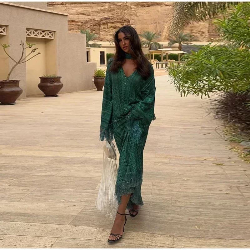 فستان طويل أنيق بحواف شراشيب، ياقة V، أكمام طويلة، فستان سهرة فاخر لخريف 2025 - 3