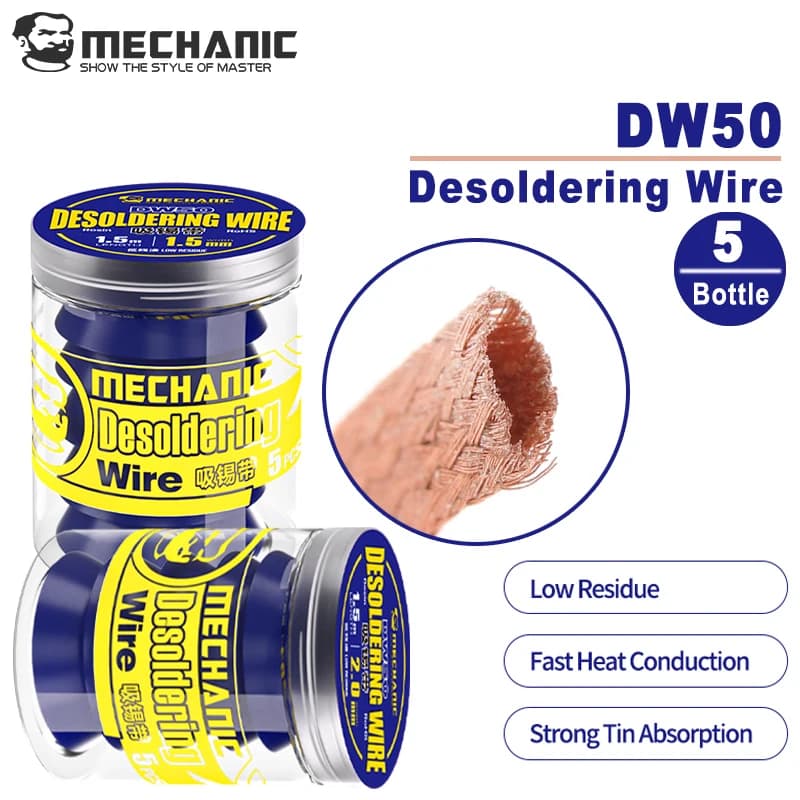 MECHANIC 5PCS DW50 1.5M Strong Copper Desoldering Wire Braid Solder Wick Remover 1.5/2.0/2.5/3.0/3.5mm Soldering Tin Sucker