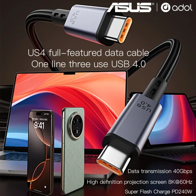 كابل ASUS USB4 بسرعة 40 جيجابت/ثانية وقوة 240 واط بدقة 8K لشحن Thunderbolt 4 Type C السريع ونقل البيانات USB C إلى C - 4