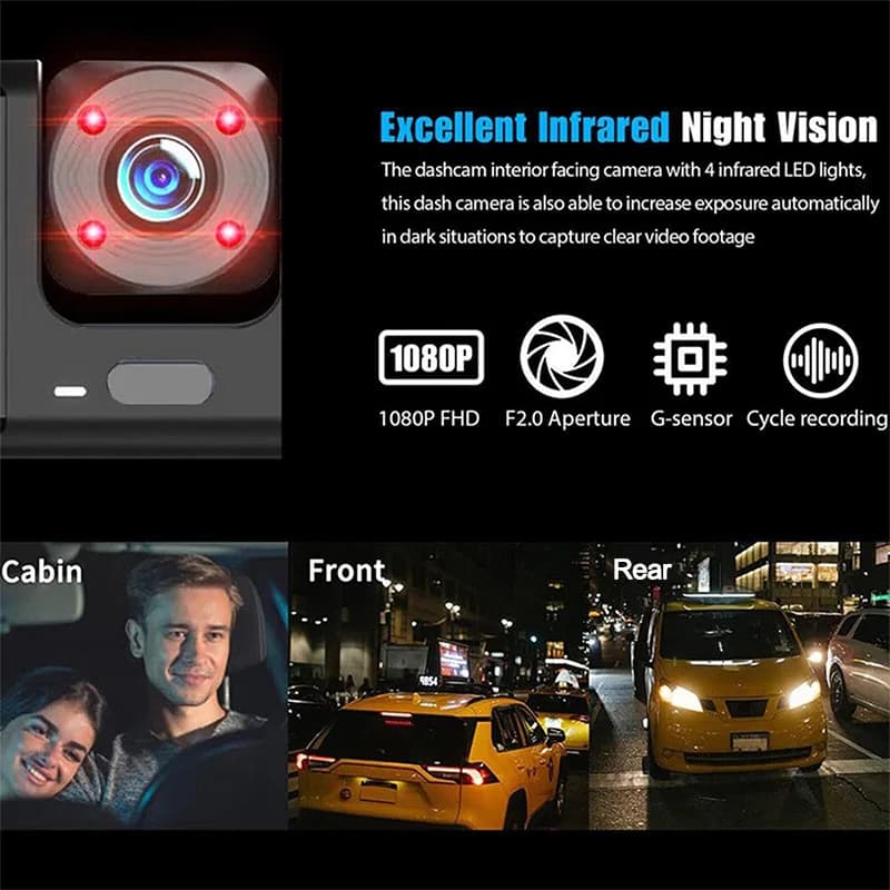 كاميرا داش ثلاثية مع واي فاي بدقة 1080P، تسجيل داخلي للسيارة بثلاث قنوات، مسجل فيديو داشكام - 4