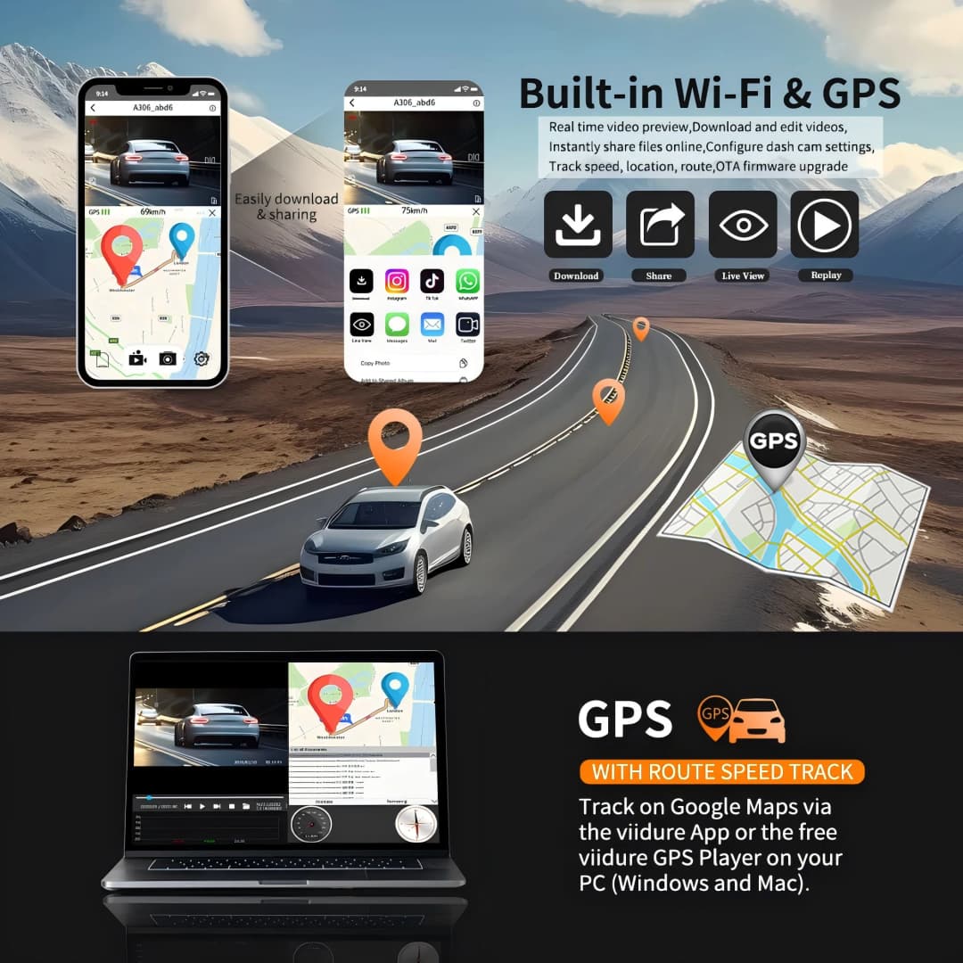 كاميرا داش للسيارة 4 قنوات - واي فاي، GPS، 1080P، كاميرات أمامية وخلفية وجانبية، رؤية ليلية، تسجيل حلقي 24 ساعة، شاشة ركن - 4