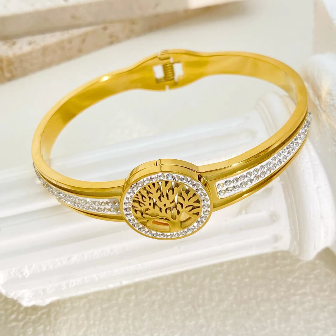 Luxury Stainless Steel Tree of Life Open Bracelet For Women Men Gold-color Cubic Zircon No Fade Color Lucky Cuff Bangle Jewelry - 3