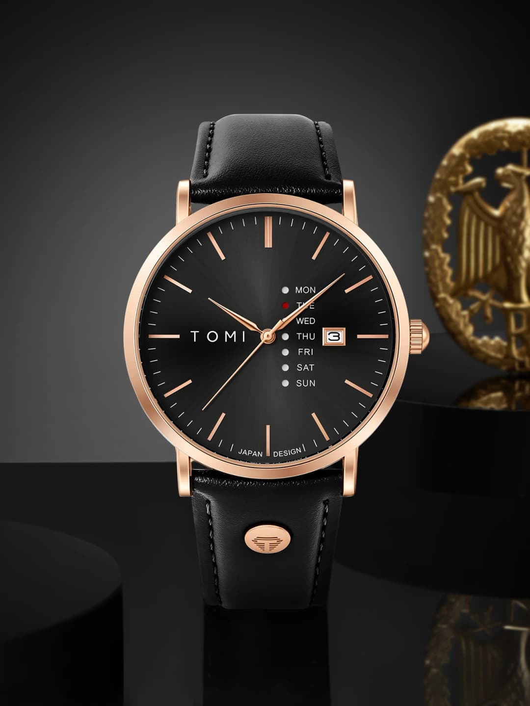 ساعة عمل أنيقة من TOMI للرجال، كوارتز بملمس مميز، حزام جلد، مع تقويم أيام الأسبوع - 2