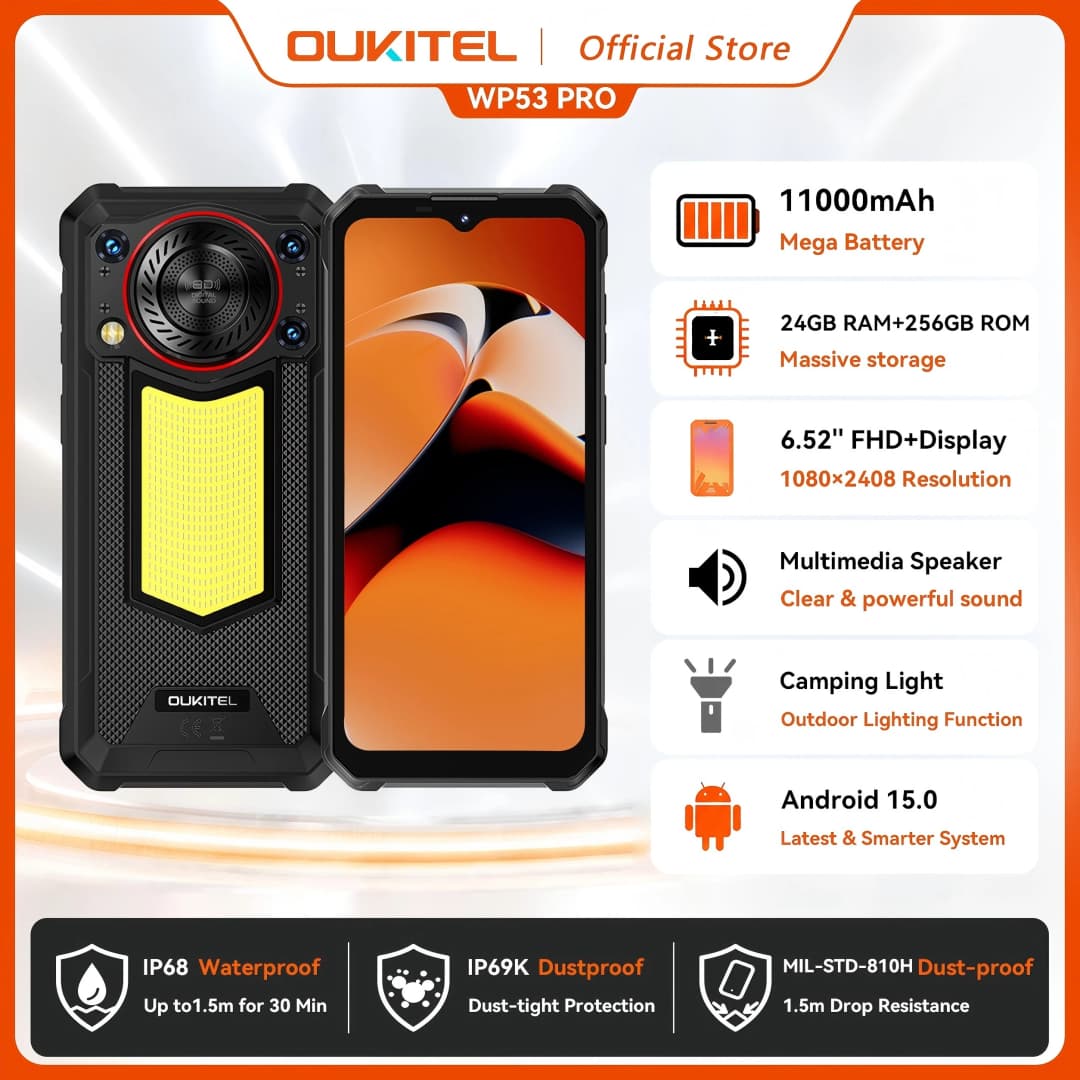 【جديد】هاتف OUKITEL WP53 PRO المتين، 24 جيجابايت + 256 جيجابايت، بطارية 11000 مللي أمبير، أندرويد 15، شاشة 6.52 بوصة، NFC، كاميرا 50 ميجابكسل