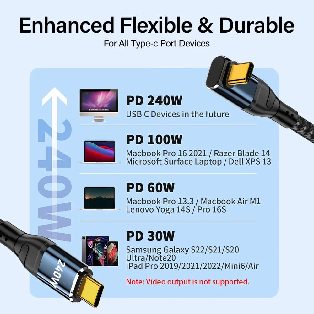 كوع 90 درجة شحن فائق السرعة PD 3.1 240W USB Type C إلى C كابل لآيفون 15 آيباد آبل ماك بوك فيفو سامسونج شاحن بيانات - 5