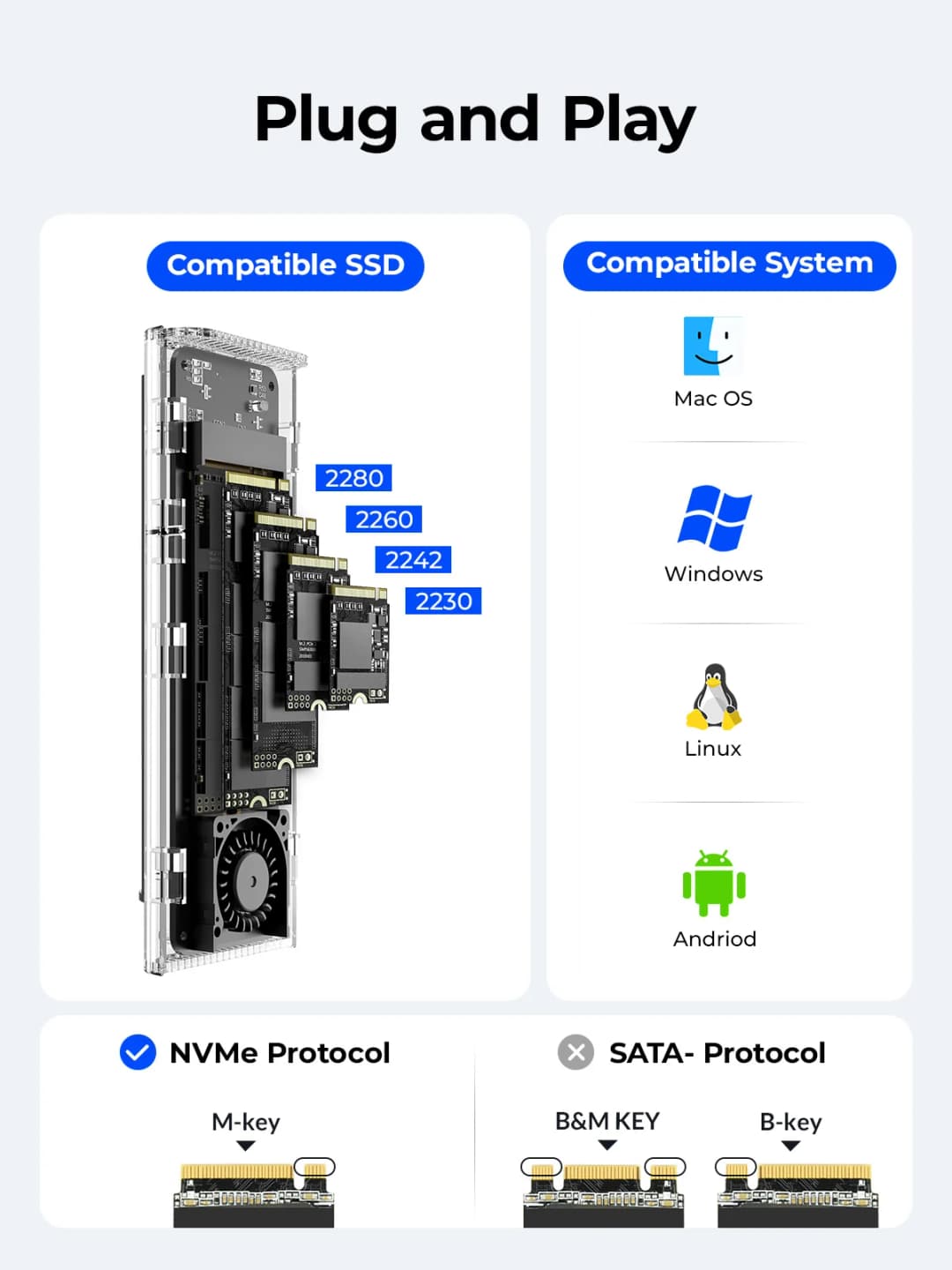 ORICO 20Gbps M.2 NVME SSD Case Enclosure with Cooling Fan USB 3.2 Gen 2 x 2 PCIE NVME Adapter Tool Free 4TB for PCIe M Key - 5