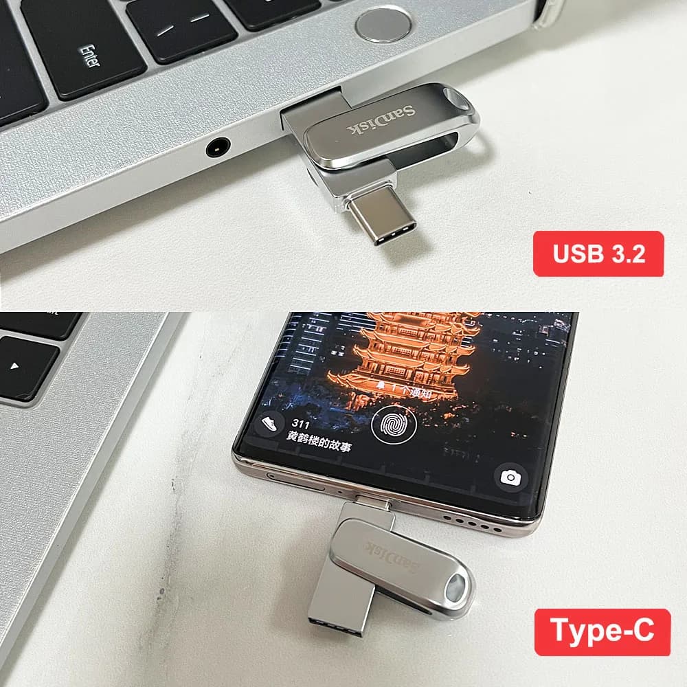 SanDisk Ultra Dual Drive Luxe USB Type-C Flash Drive بسعة 32 جيجابايت و64 جيجابايت و128 جيجابايت و256 جيجابايت و512 جيجابايت و1 تيرابايت، فلاش درايف معدني OTG USB3.1 للكمبيوتر/Mac/iPad Pro - 2