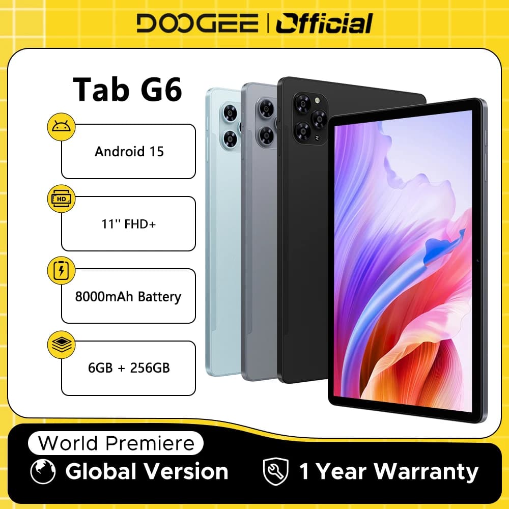 جهاز لوحي DOOGEE Tab G6، نظام أندرويد 15، شاشة 11 بوصة، ذاكرة 30 جيجابايت (6+24 جيجابايت)، تخزين 256 جيجابايت، بطارية 8000 مللي أمبير، Widevine L1