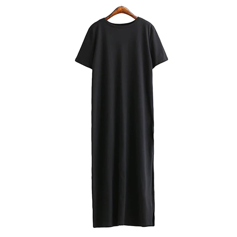 Summer Korean Style Midi Dress Women Casual Black Long Dresses Short Sleeve Sexy Plus Size Side Open Party Maxi T Shirt Dress - 5