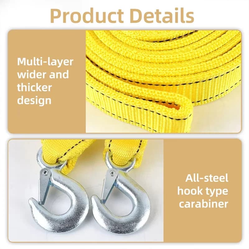 كابل سحب سيارات ثقيل 3 طن 5 طن 3 متر 4 متر حبل سحب مقطورة مع خطافات أمان مجموعة إنقاذ طوارئ على الطريق لسيارات الفان - 5