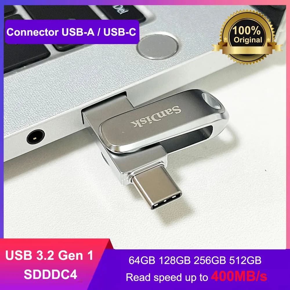 SanDisk Ultra Dual Drive Luxe USB Type-C Flash Drive بسعة 32 جيجابايت و64 جيجابايت و128 جيجابايت و256 جيجابايت و512 جيجابايت و1 تيرابايت، فلاش درايف معدني OTG USB3.1 للكمبيوتر/Mac/iPad Pro