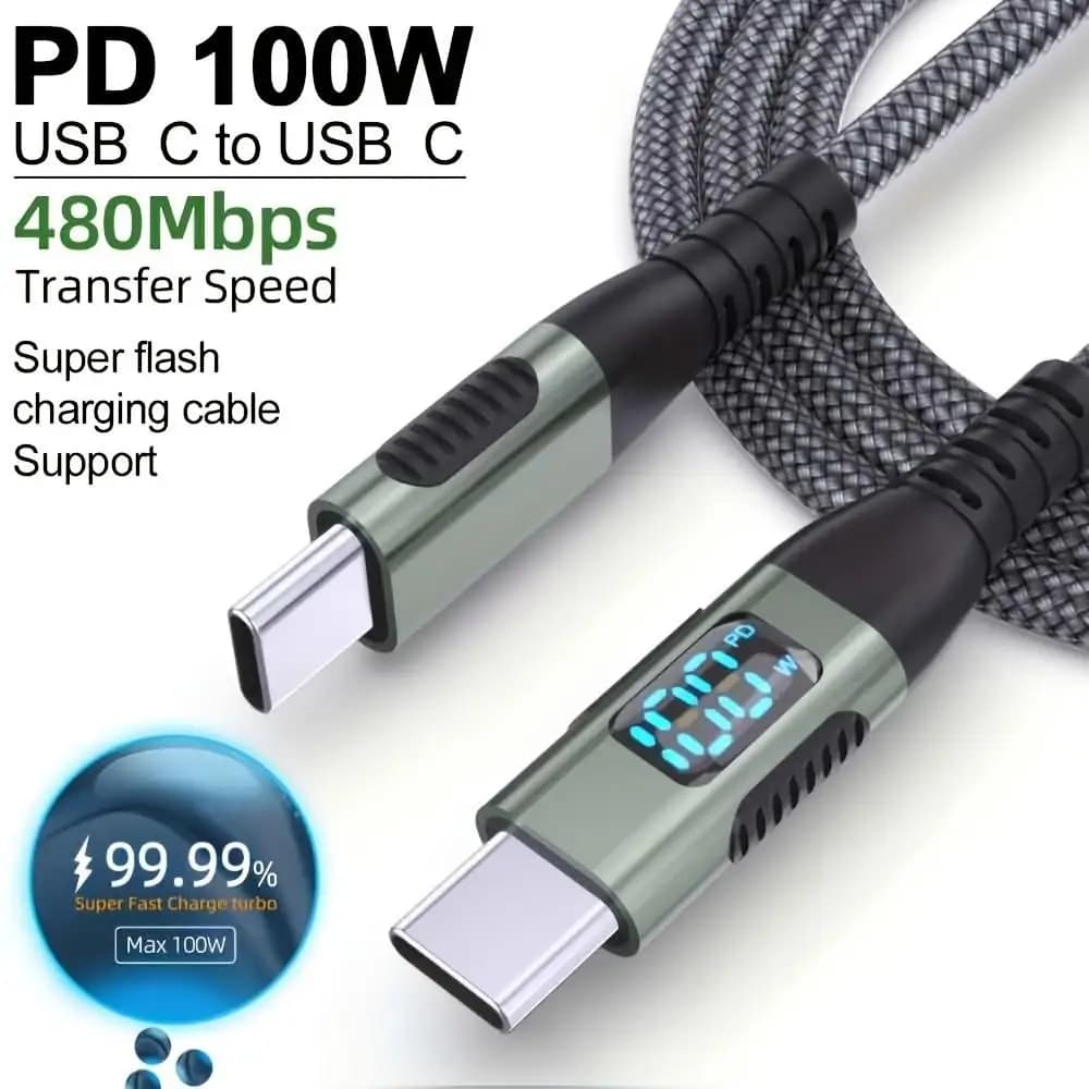 LAIHONEN 1PC/2PCS PD 100W USB-C to C Cable LED Display Nylon Braided 480Mbps, Fast Charge For IPhone15 Pro Max Galaxy iPad Pro