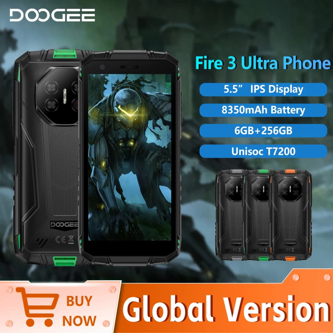 هاتف DOOGEE Fire 3 المتين بشاشة 5.5 بوصة HD+ وذاكرة 24 جيجابايت و256 جيجابايت وبطارية 8350 مللي أمبير ومعالج UNISOC T7200 وكاميرا 16 ميجابكسل + 20 ميجابكسل وNFC ونظام أندرويد 15