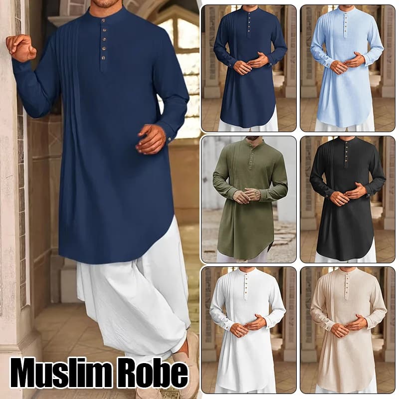 NEW Men's Muslim Shirt Stand Collar Long Sleeve Robe Islamic Arab Kaftan Solid Color Streetwear Casual Men Clothing Cotton Linen