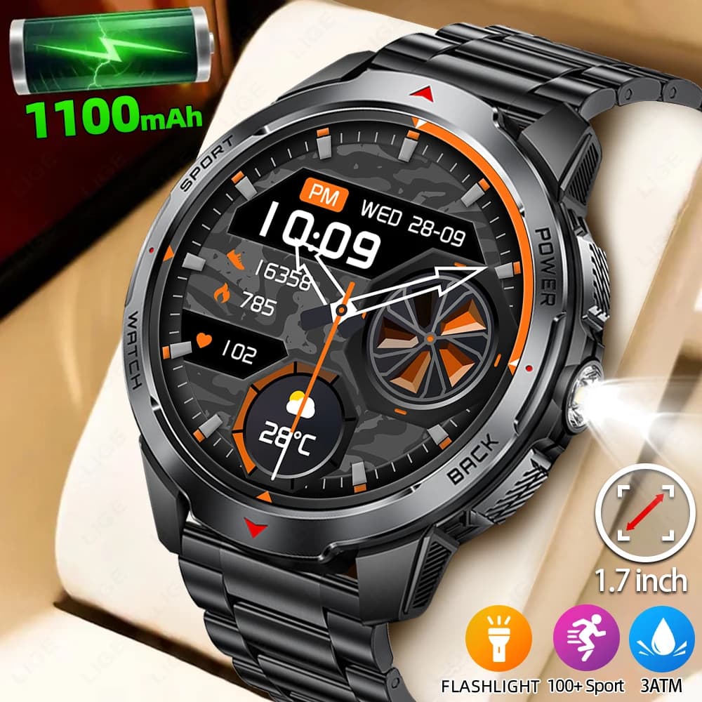LIGE 1100mAh Battery Smart Watches For Man Outdoor Sport LED Flashlight Compass Men’s Smartwatch Bluetooth Call Men 2026 Watches