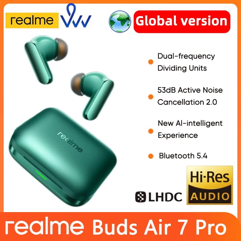 الإصدار العالمي realme Buds Air 7 Pro سماعة أذن TWS عزل ضوضاء نشط 53dB LHDC 5.0 بطارية تدوم 48 ساعة أصلية