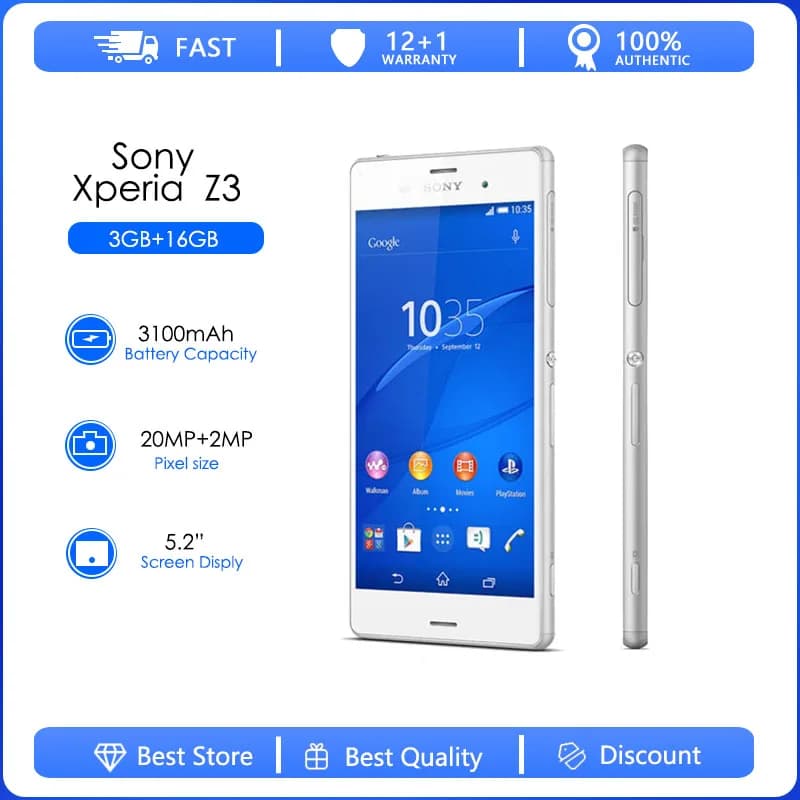 Sony Xperia Z3 D6603 Refurbished-Original Unlocked 4G 16GB 3GB RAM Android Cell Phone 20MP 5.2" Quad-Core WIFI GPS 2160p Smphone