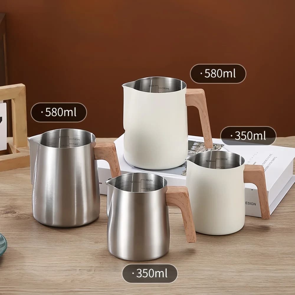 Coffee Milk Frothing Pitcher Jug Anti-scald Wood Grain Handle 304 Stainless Steel Precision Scale Professional Coffee Utensils - 6