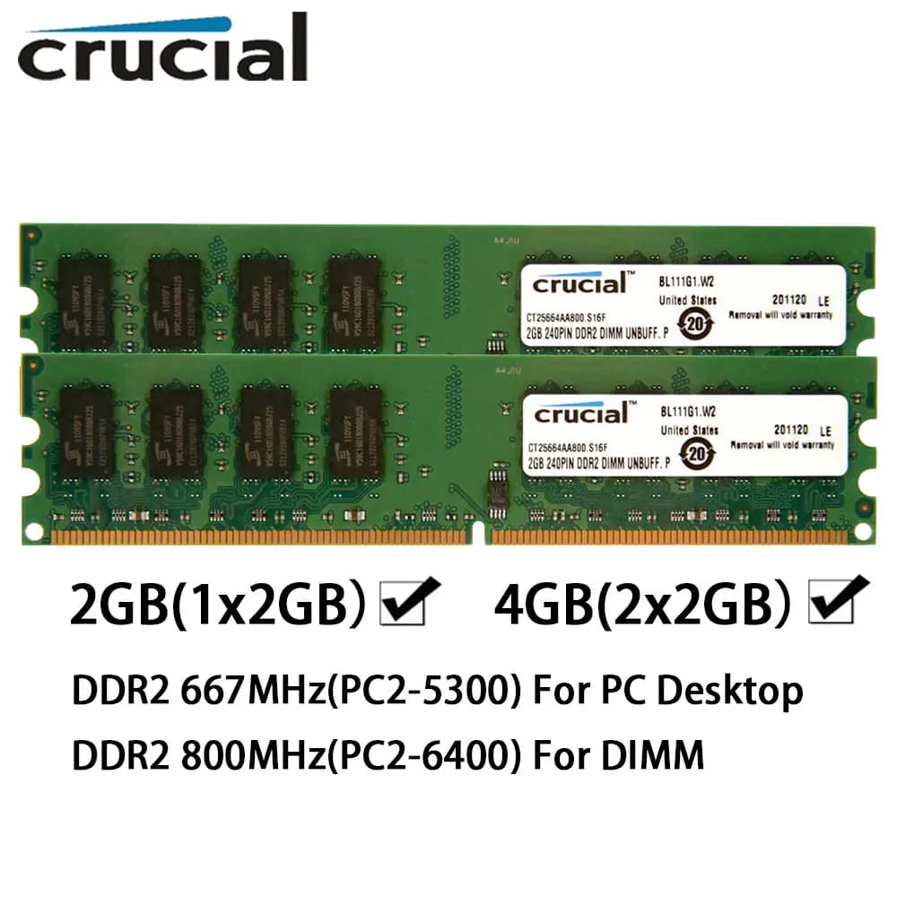 Crucial Memoria DDR2 Desktop PC RAM 2GB 4GB(2x2GB) 667MHz 800MHz DIMM PC2-6400 PC2-5300 1.8V Non-ECC Unbuffered PC Memory RAMs